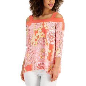 JM Collection Women’s Square Neckline Printed Cold Shoulder ¾ sleeve tunic, XL